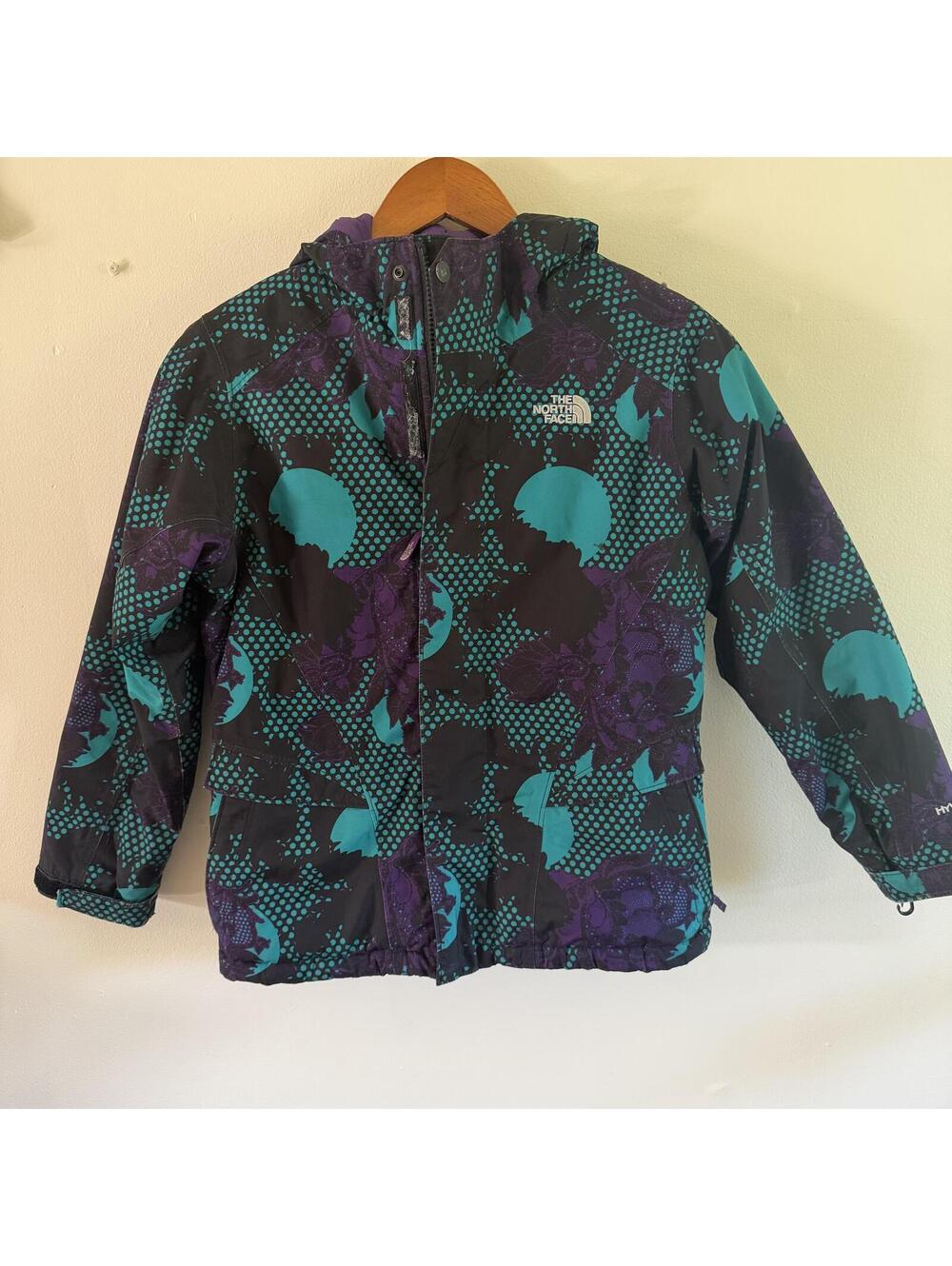 Girls Floral North Face Puffer Jacket Purple and Turquoise Size 10/12